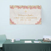 Eerste Communie Bloemen Roze Orchideeën Script Wel Spandoek (Beurs)