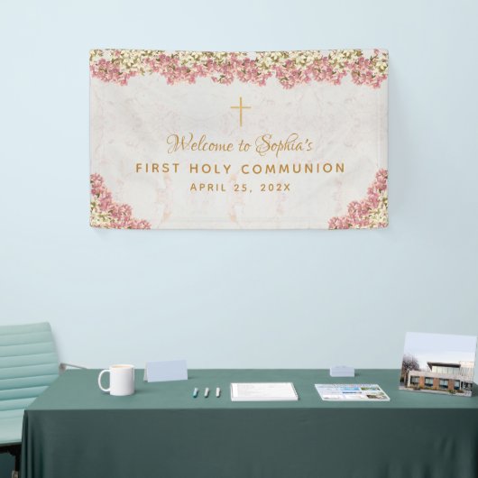 Eerste Communie Bloemen Roze Orchideeën Script Wel Spandoek (Beurs)