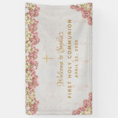Eerste Communie Bloemen Roze Orchideeën Script Wel Spandoek (Verticaal)