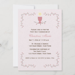 Eerste communie, bloemenwijnstokken met roze kelk kaart