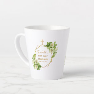 Eerste Communie Bloemstuk Lilies Gouden Kruis Geom Latte Mok