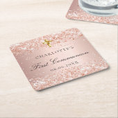 Eerste Communie blos roze goud glans naam Vierkante Kartonnen Onderzetter (Schuin)