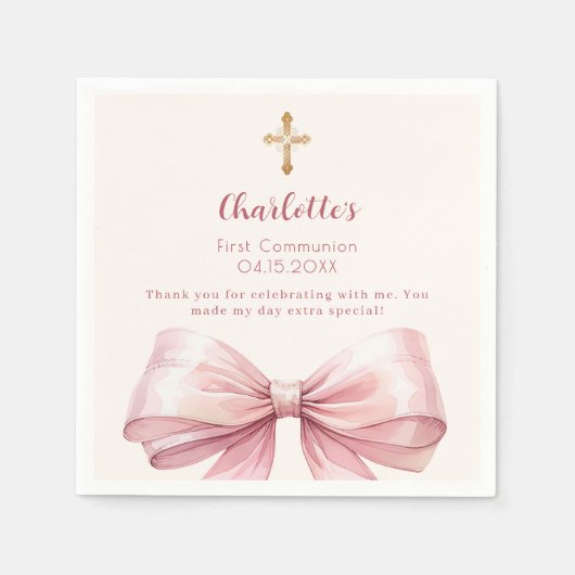 Eerste Communie blush roze strik crème kruis Servet (Voorkant)