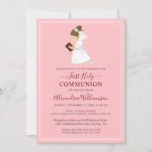 Eerste communie Brunette Girl Pink uitnodiging (Voorkant)