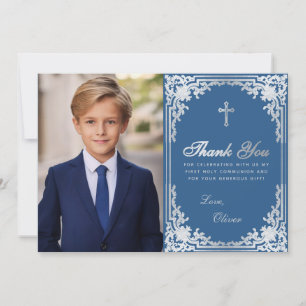 Eerste Communie Classic Blue Boy Foto Vintage Bedankkaart