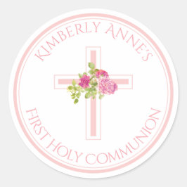 Eerste Communie Cross Roze Rozen Monogrammed Naam Ronde Sticker