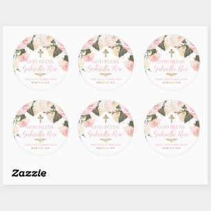 Eerste Communie & Doop, Roze Bloem Goud Ronde Sticker