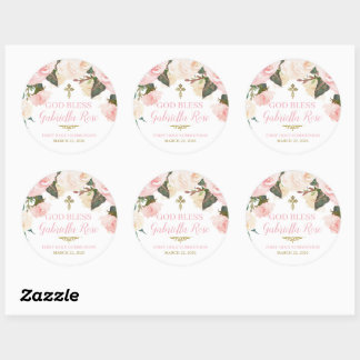 Eerste Communie & Doop, Roze Bloem Goud Ronde Sticker