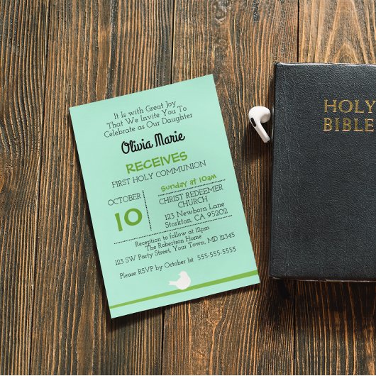 Eerste communie duif op tak blauwe uitnodiging