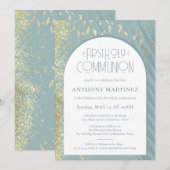 Eerste Communie Dusty Blue Gold Glitter Dust Arch Kaart (Voorkant / Achterkant)