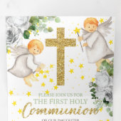 Eerste Communie Engelen Goud Genderneutraal Drieluik Uitnodiging (Binnenzijde eerst)
