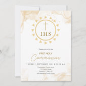 Eerste Communie Goud met IHS belettering Uitnodigi Kaart (Voorkant)