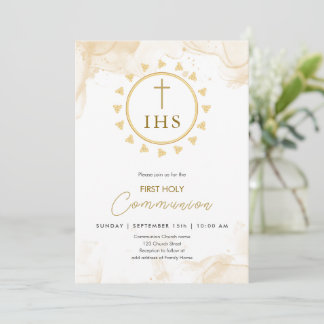Eerste Communie Goud met IHS belettering Uitnodigi Kaart