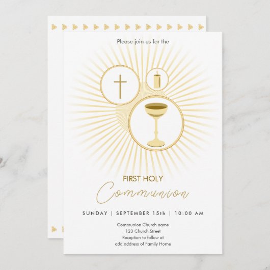 Eerste communie goud met kelk, uitnodiging (Voorkant / Achterkant)