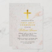 Eerste Communie Gouden Kruis Marmer Elegant Script Kaart (Voorkant / Achterkant)