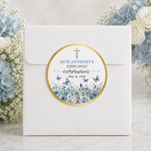 Eerste Communie Jongen Gouden Kruis Blauwe Bloemen Ronde Sticker