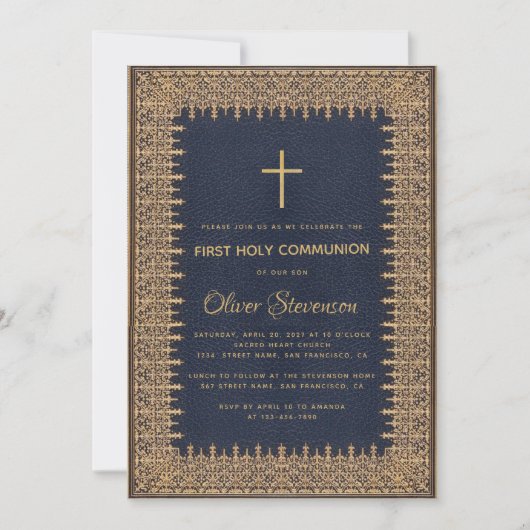 Eerste Communie jongen gouden lijst kruis marinebl Kaart (Voorkant)