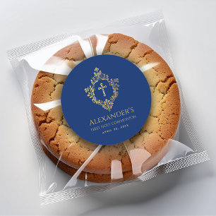 Eerste Communie jongen Koninklijk blauw Gouden vin Ronde Sticker