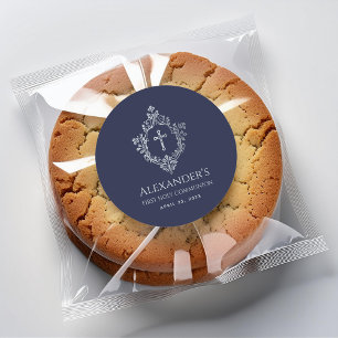 Eerste communie jongen marineblauw vintage kruis e ronde sticker