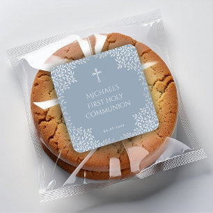 Eerste Communie jongen Stof blauw Nep zilveren bla Vierkante Sticker