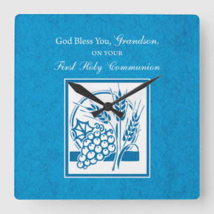 Eerste communie kleinkind Blauw, Tarwe, Druiven Vierkante Klok