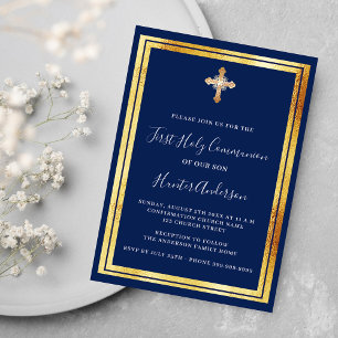Eerste Communie marine blauw gouden kruis Kaart