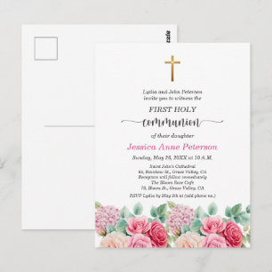 Eerste communie meisje gouden kruis rozen bloemig briefkaart