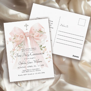 Eerste communie meisje roze bloemenslinger briefkaart