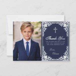 Eerste Communie Navy Blue Boy Photo Cross Bedankkaart