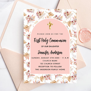 Eerste Communie pampas bloemen roos gouden roze me Uitnodiging Briefkaart