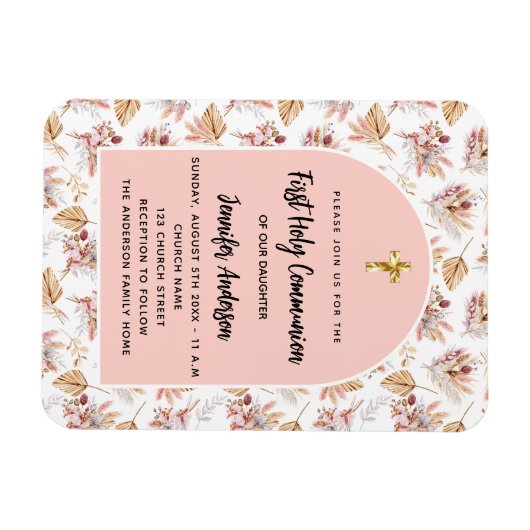 Eerste Communie pampas bloemen roos uitnodiging Magneet (Horizontaal)