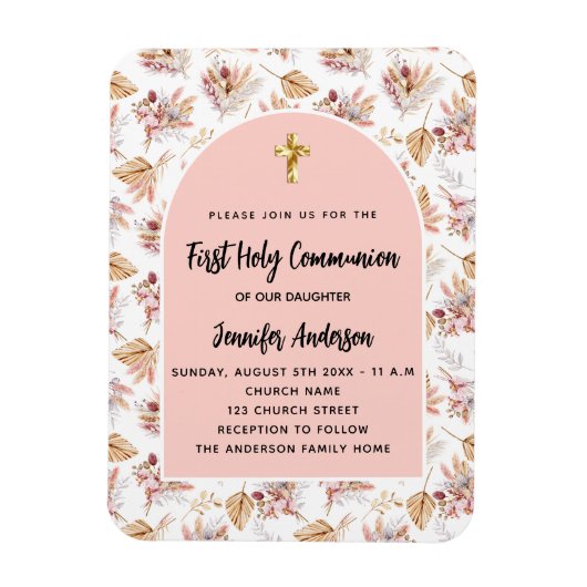 Eerste Communie pampas bloemen roos uitnodiging Magneet (Verticaal)