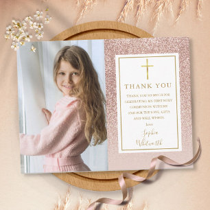 Eerste Communie Roze Goud Glitter Foto Bedankt Briefkaart