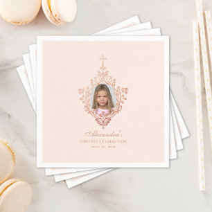 Eerste Communie Roze Gouden Kruis Meisje Foto Blus Servet