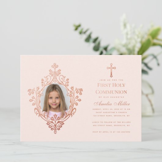 Eerste Communie Roze Meisje Foto Roos Goud Kaart (Staand voorkant)