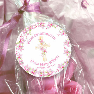 Eerste Communie roze orchidee aquarel Ronde Sticker