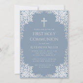 Eerste Communie Stoffig Blauw Elegante Zilveren Bl Kaart (Voorkant)