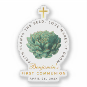 Eerste Communie Succulent Faux Gold Cross Script Sticker