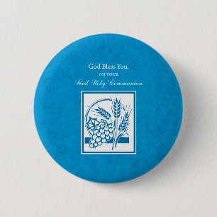 Eerste Communie, Tarwe, Blauwe Druiven Ronde Button 5,7 Cm
