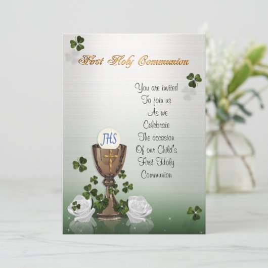 Eerste communie uitnodiging met Ierse shamrocks (Staand voorkant)