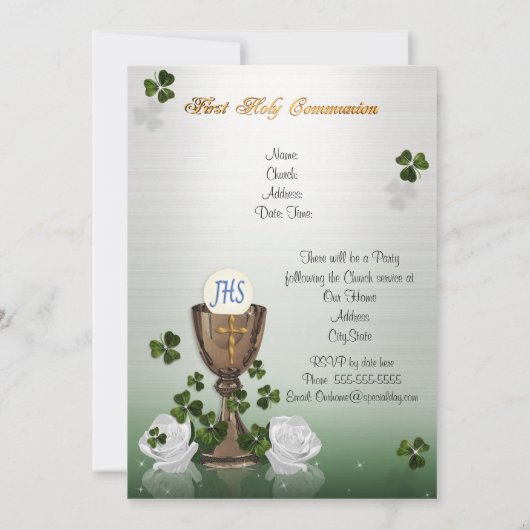 Eerste communie uitnodiging met Ierse shamrocks (Achterkant)