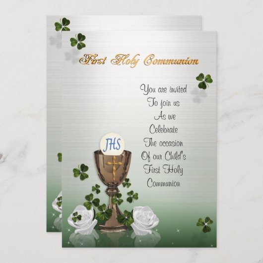 Eerste communie uitnodiging met Ierse shamrocks (Voorkant / Achterkant)