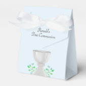 Eerste Communie van Chalice en Blue Buds Greenery Bedankdoosjes (Voorkant Zijde)