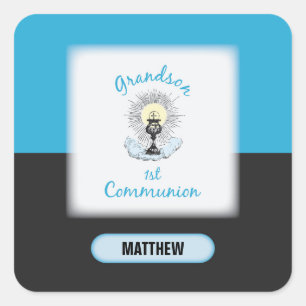 Eerste communie van kleinzoon, blauwe beker vierkante sticker
