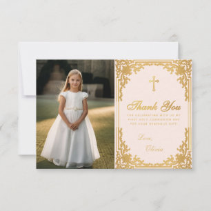 Eerste Communie Vintage Meisje Foto Roze Goud Bedankkaart