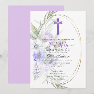 Eerste communie   Violet Anemone Floral Cross 2 Kaart