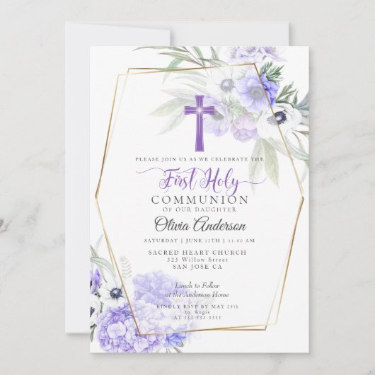 Eerste communie | Violet Anemone Floral Cross Kaart (Voorkant)