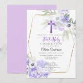 Eerste communie | Violet Anemone Floral Cross Kaart (Voorkant / Achterkant)