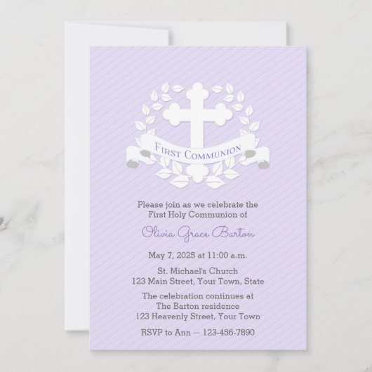 Eerste communieblad Laurel Cross Lila Kaart (Voorkant)