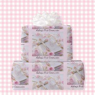 Eerste Communion Pink Girl's Voeg Naam toe Cadeaupapier